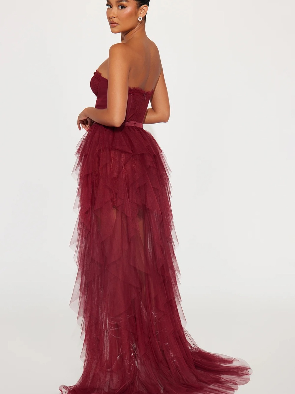 Fashion Nova Strapless Burgundy Layered Tulle Gown - Picture 4 of 5